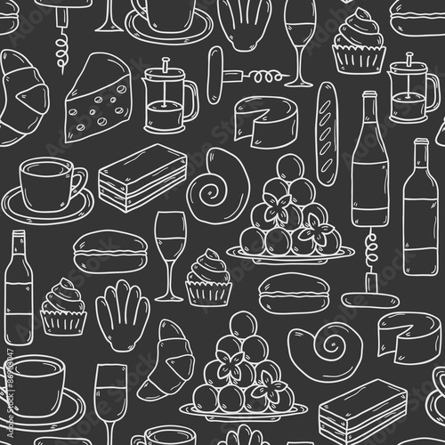 Seamless background with cartoon cute hand drawn objects on