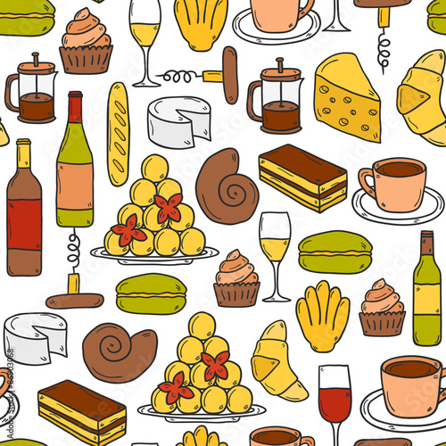 Seamless background with cartoon cute hand drawn objects on