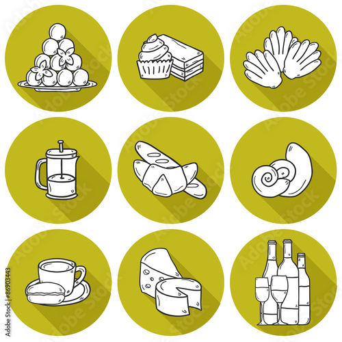 Set of cartoon cute hand drawn icons with shadows on french