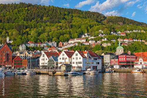 View of the port of the town of Bergen with the mountain in Norway