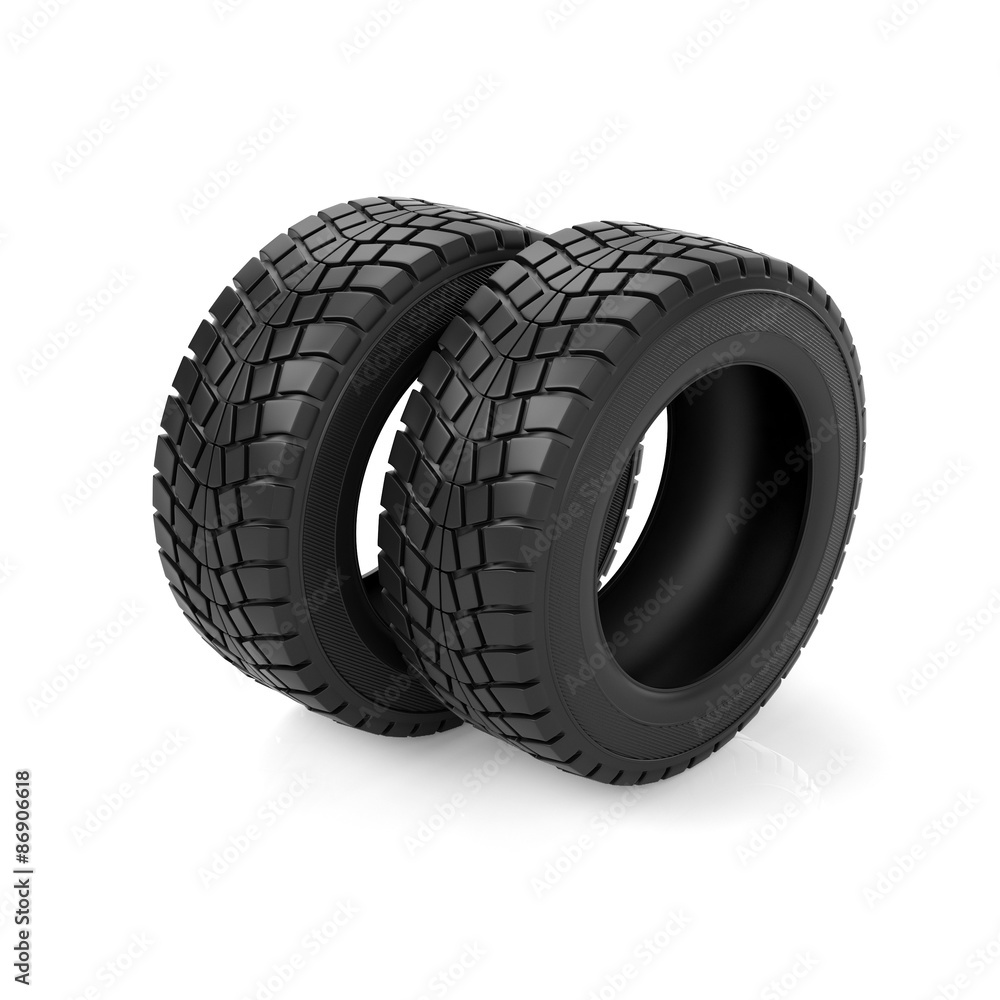 3D illustration. Group of car tires on a white background 3D illustration. Group of car tires on a white background