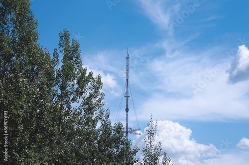 View on the telecommunication tower from forest.