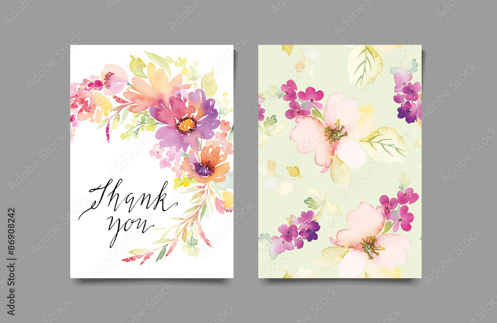 Decorative card. Flowers painted in watercolor. Hand lettering. Seamless pattern.