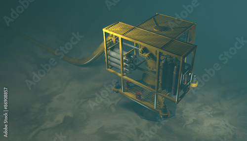 High quality 3D render of an underwater oil and gas wellhead. Fictitious oil and gas equipment. Murky water to emphasize depth, and blurred image for dramatic effect.