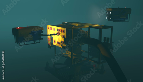 High quality 3D render of an ROV manipulating a control valve on an underwater wellhead. Fictitious ROV, oil and gas equipment. Murky water to emphasize depth, and blurred image for dramatic effect.