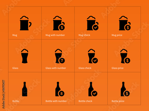 Beer and alcohol glasses icons on orange background.