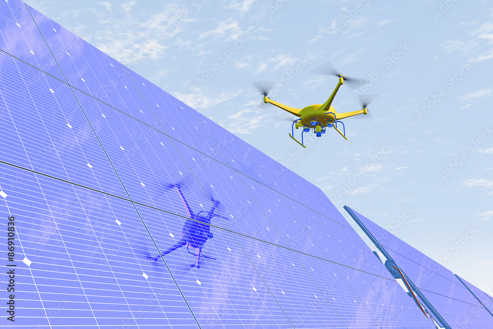 Naklejka premium High quality 3D render of a UAV drone in flight inspecting solar panels. Fictitious UAV drone is a unique design. Drone reflected on panels, blue overcast sky; motion blur for dramatic effect.