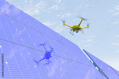 Fototapeta Naklejka Na Ścianę i Meble -  High quality 3D render of a UAV drone in flight inspecting solar panels. Fictitious UAV drone is a unique design. Drone reflected on panels, blue overcast sky; motion blur for dramatic effect.