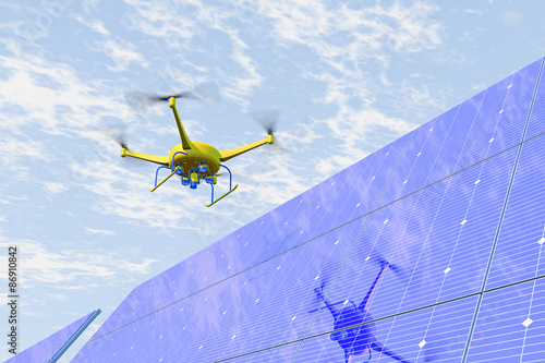 Fototapeta Naklejka Na Ścianę i Meble -  High quality 3D render of a UAV drone in flight inspecting solar panels. Fictitious UAV drone is a unique design. Drone reflected on panels, blue overcast sky; motion blur for dramatic effect.