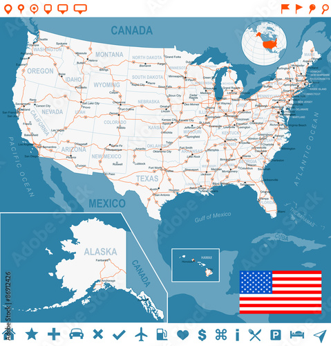 United States, USA map. Highly detailed vector illustration.Image contains layers with land contours, country and land names, city names, water object names, flag, navigation icons, roads, railways.