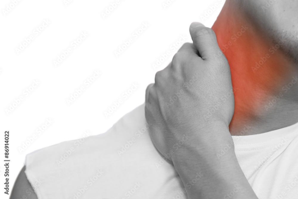 Obraz premium isolated man holding his neck in pain