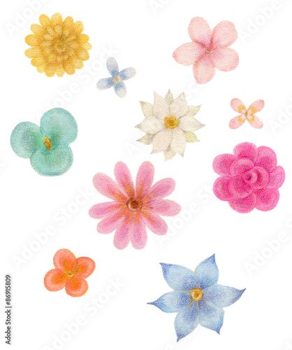 パステルカラーのカラフルな柔らかい水彩画の花の素材セット