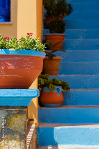 Blumen vor griechischer Treppe © Dieter Schultschik