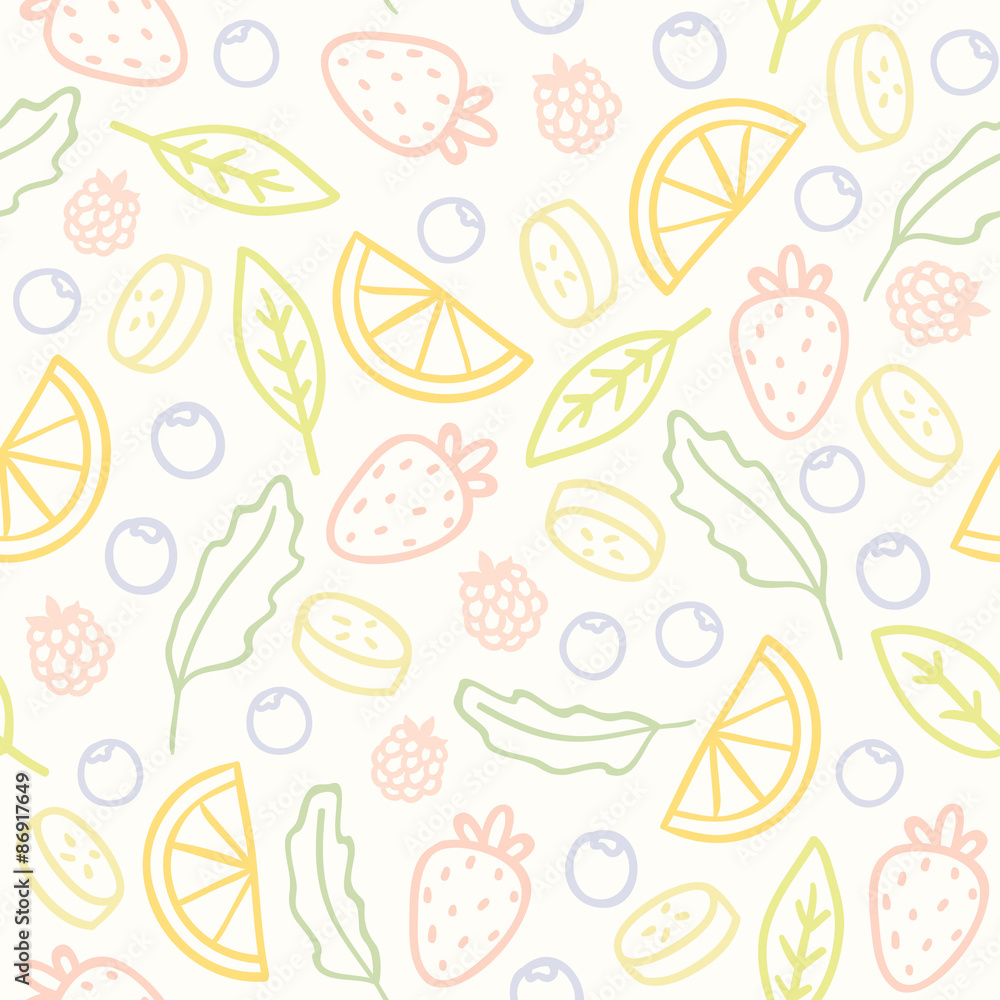 Doodle fruits and berries seamless pattern