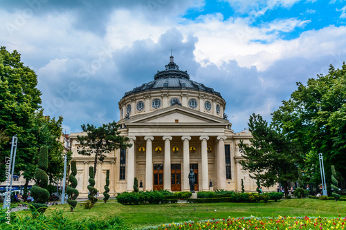 BUCHAREST, ROMANIA - JUNE 28, 2015: The Romanian Athenaeum named "Ateneul Roman". Opened in 1888 is a concert hall in the center of Bucharest and a landmark of the Romanian capital city