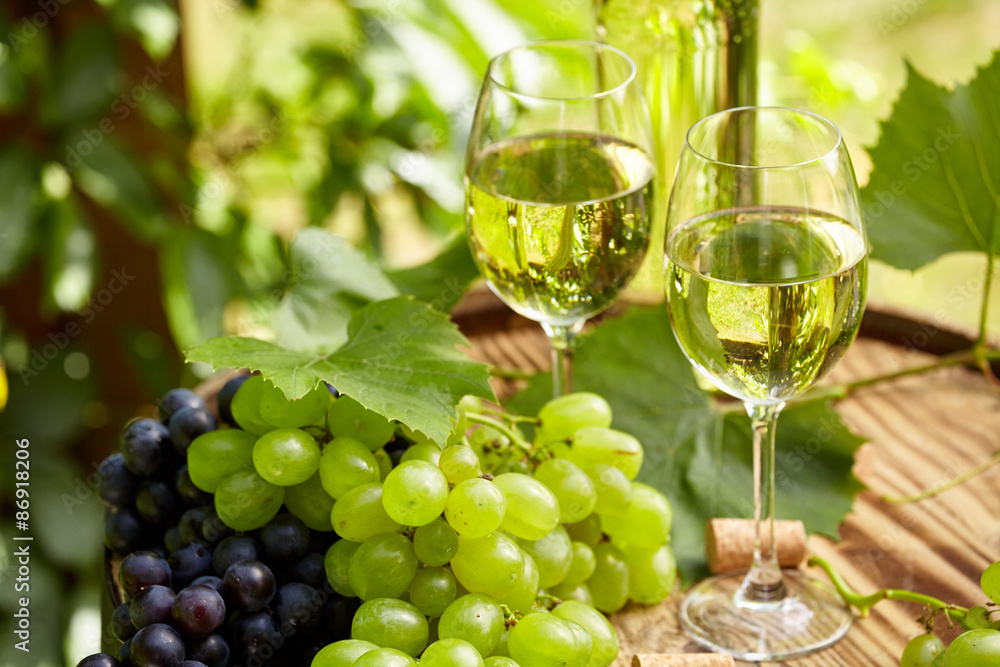 Bottle of white wine with wineglass and grapes on garden terrace