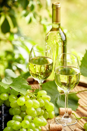 Bottle of white wine with wineglass and grapes on garden terrace