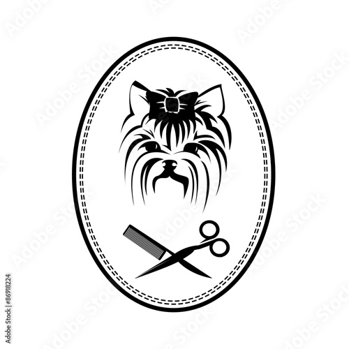 Pet grooming logo with Yorkshire terrier dog, hairbrush and