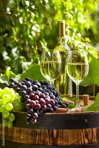 Grape and white wine on wooden barrel on garden terrace