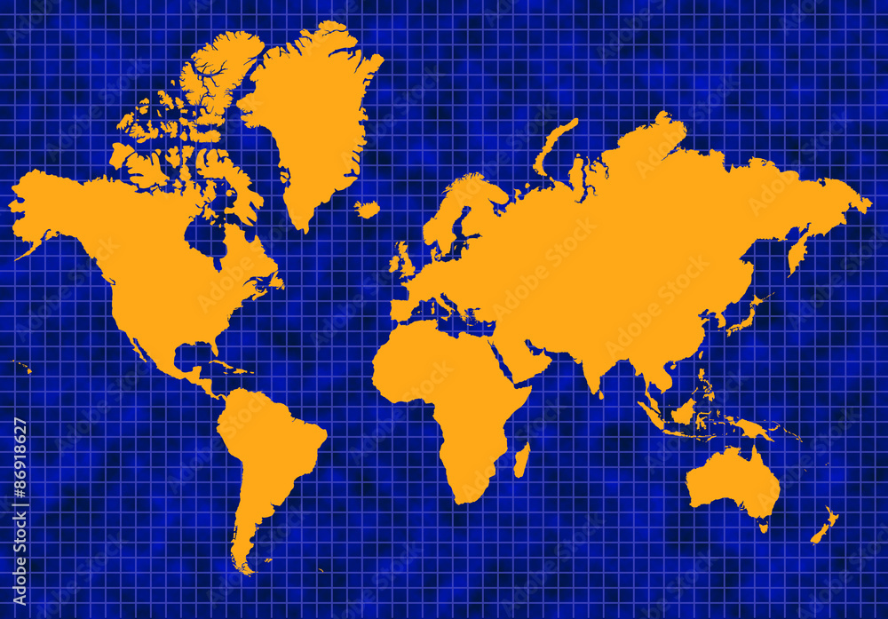 Fototapeta premium Blue world map with yellow continents