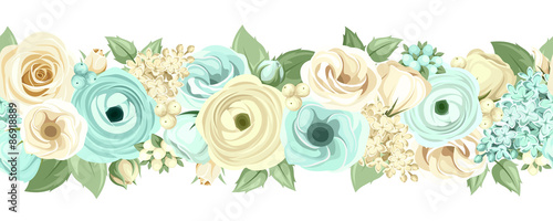 Horizontal seamless background with blue and white flowers. Vector illustration.