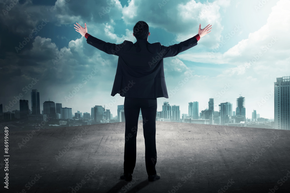 Back view of successful business man on the rooftop Back view of successful business man on the rooftop