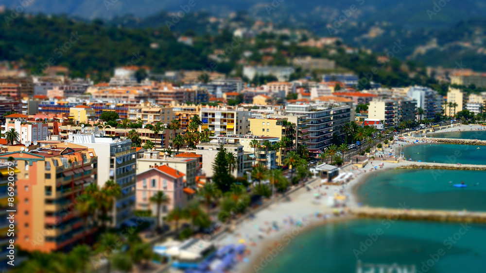 Tilt-shift view of the beach in Menton, France