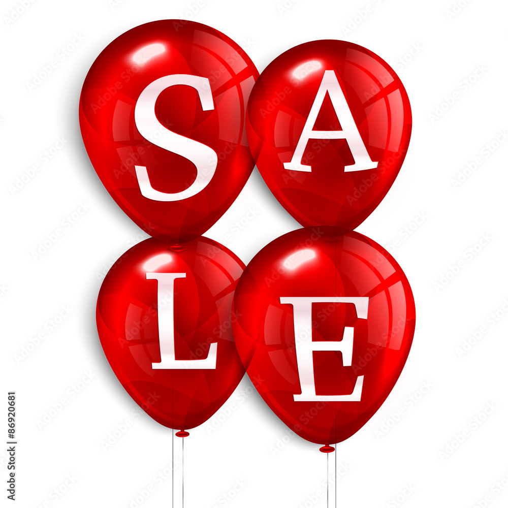 Red flying party balloons with text SALE.