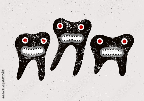 Typographic retro grunge dental poster with funny teeth cartoon characters. Vector Illustration.