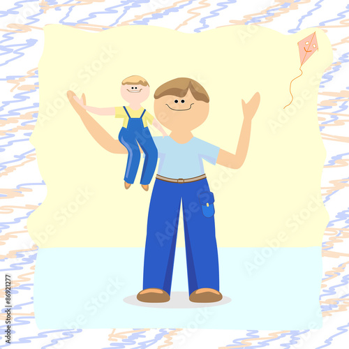 Dad holding his son in his arms and rejoice, cartoon postcard. Vector illustration
