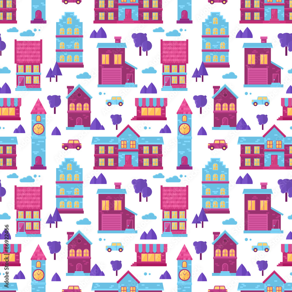 Flat city houses seamless pattern