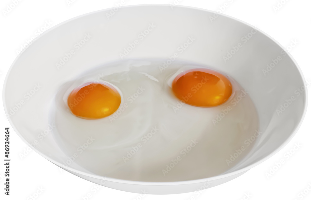 Two Hen Egg Yolks In White Porcelain Plate On White Background, Isolated with Clipping Path. Two Hen Egg Yolks In White Porcelain Plate On White Background, Isolated with Clipping Path.