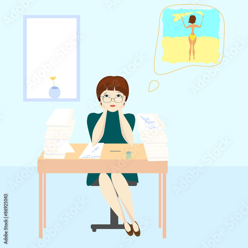 The girl sitting at the Desk at work, on which many papers and wants to enjoy the sea and the beach
