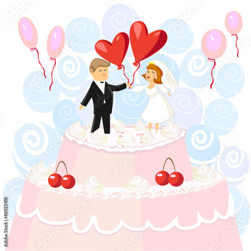 Wedding pink cake with figurines of the bride and groom with hearts and balloons. Vector Illustrator