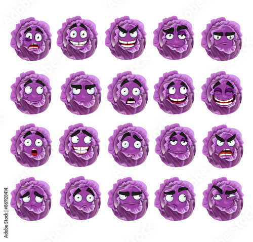 Vector cute cartoon purple cabbage smile with many expressions