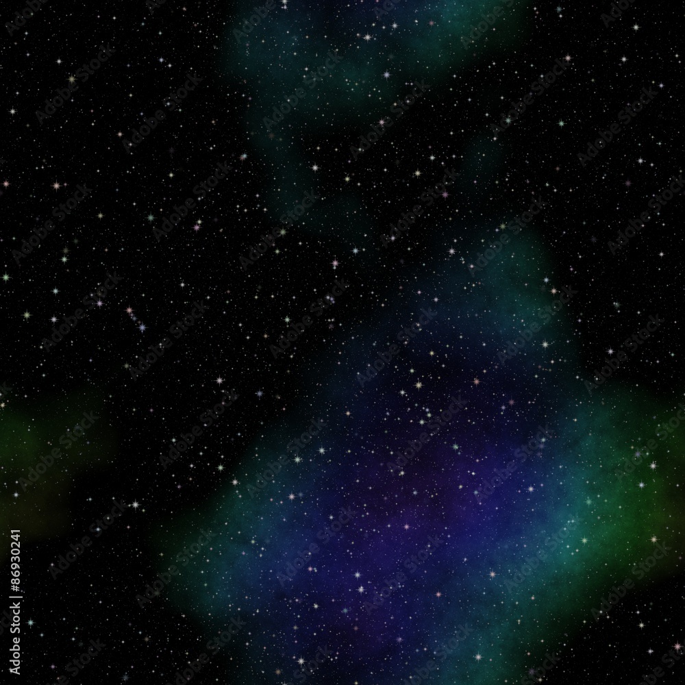 Seamless space pattern with green and blue nebula