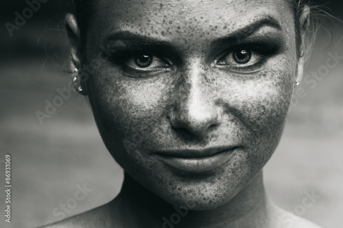 beautiful girl portrait freckles black and white