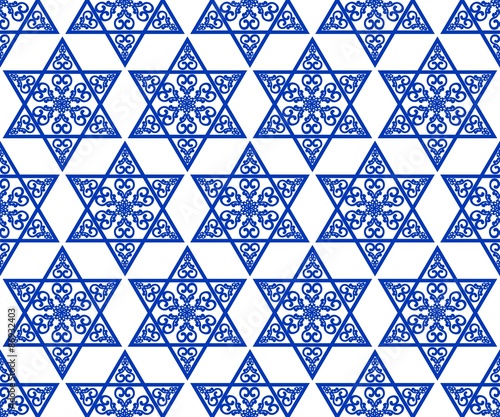 Star of David decoration tile with geometric vintage yew ornament in blue design, eps10 vector. Religious motif seamless background.