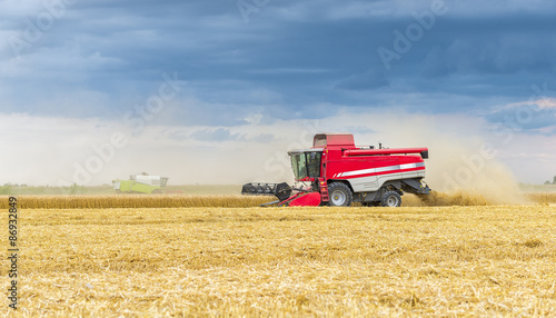 Red and white combine harvesting