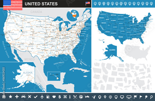 USA map and flag - highly detailed vector illustration. Image contains land contours, country and land names, city names, water objects, flag, navigation icons, roads, railways.