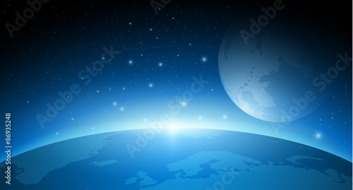 Background with Planet Earth Globe and Sunrise in Space