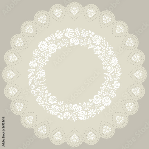 Doily with traditional Hungarian white embroidery from Kalocsa