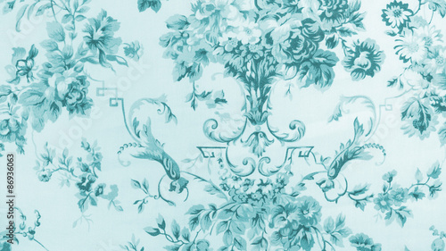 Retro Lace Floral Seamless Pattern on Light Blue Fabric Background Vintage Style