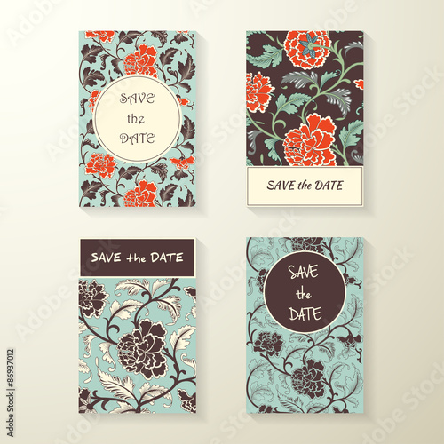 Collection of ornamental colored antique floral card vector template