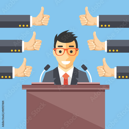 Speaker and thumbs up. Great speech, excellent speaker, productive ideas flat illustration concept