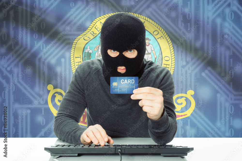 Hacker holding credit card and USA state flag on background - Idaho Hacker holding credit card and USA state flag on background - Idaho