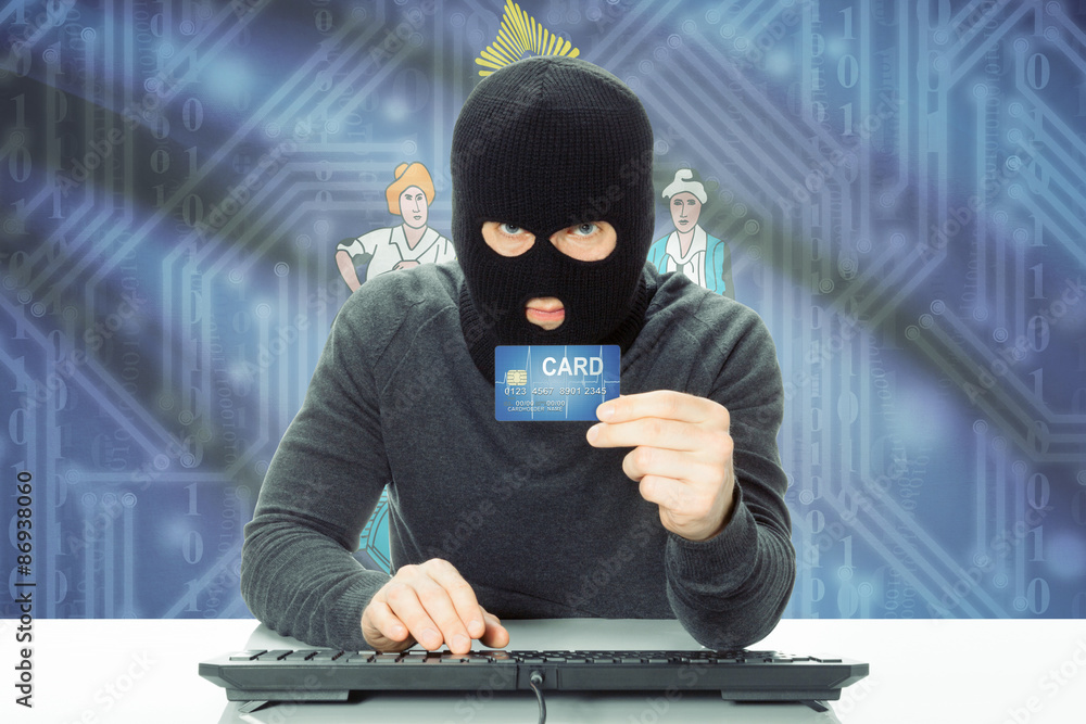 Hacker holding credit card and USA state flag on background - Maine