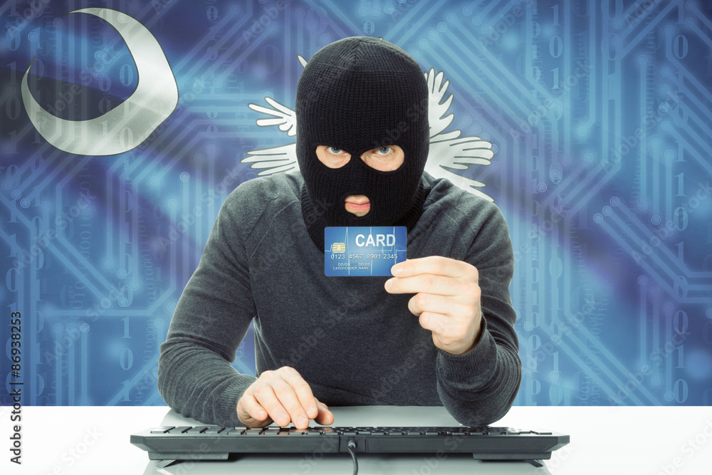 Hacker holding credit card and USA state flag on background - South Carolina Hacker holding credit card and USA state flag on background - South Carolina