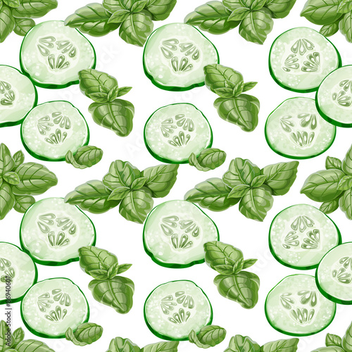 Seamless background from slices of fresh cucumber and basil