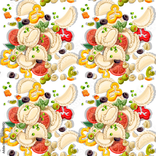 Seamless pattern of Ukrainiand national dish dumplings with gree